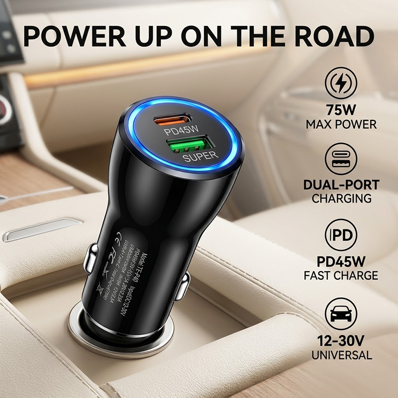 Usb C Power Adapter - Dubbele poort 45W USB-C autolader PD