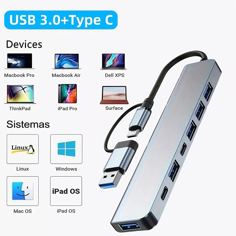 Laptop Accessories Gadgets - 2-in-1 USB3.0 Hub 7-poorts Type-C Extender