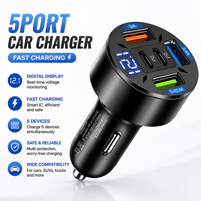 5-poorts autolader voor iPhone - Usb C Power Adapter recensie en prijs
